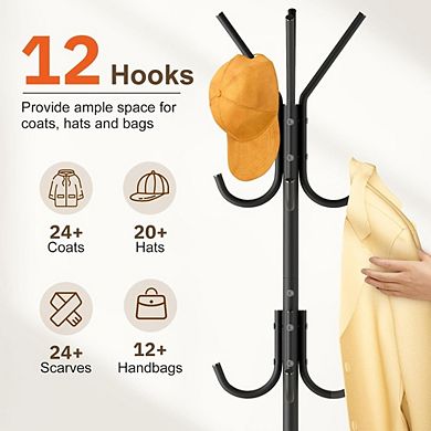 Great Ambitions Freestanding Coat Rack with 12 Hooks, Modern Black & Wood Base for Entryway Bedroom