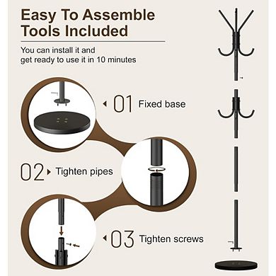 Great Ambitions Freestanding Coat Rack with 12 Hooks, Modern Black & Wood Base for Entryway Bedroom