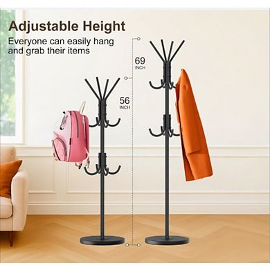 Great Ambitions Freestanding Coat Rack with 12 Hooks, Modern Black & Wood Base for Entryway Bedroom