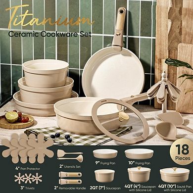 MOEPLSY 18-Piece Ceramic Cookware Set boasts a titanium-reinforced nonstick coating and is non-toxic