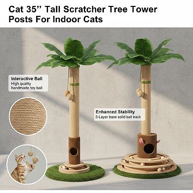 Nicate 35" Cat Scratcher Tree: Mouse Hole, Wooden Balls, Sisal Posts
