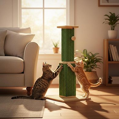 Nicate 32in Tall Cat Scratching Post: Sisal Base, Dangling Ball, Wooden Plush Base