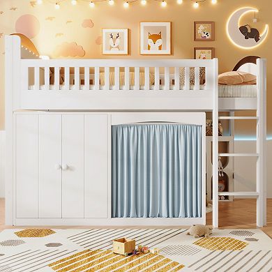 Merax Loft Bed with Storage Cabinet, Wardrobe and LED