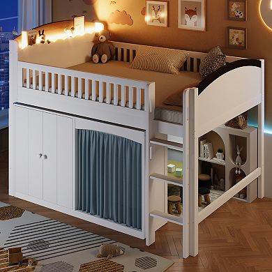 Merax Loft Bed with Storage Cabinet, Wardrobe and LED