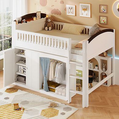 Merax Loft Bed with Storage Cabinet, Wardrobe and LED