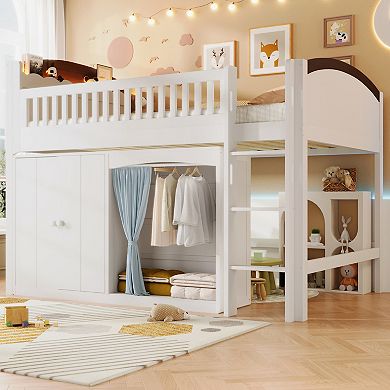 Merax Loft Bed with Storage Cabinet, Wardrobe and LED