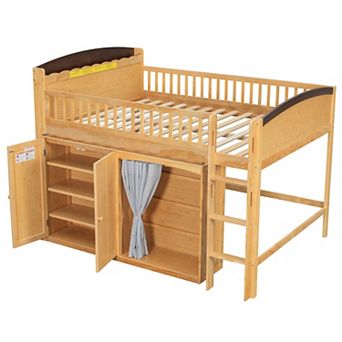 Merax Loft Bed with Storage Cabinet, Wardrobe and LED