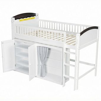 Merax Loft Bed with Storage Cabinet, Wardrobe and LED
