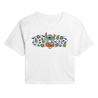 Juniors' Disney's Lilo & Stitch Pumpkin Floral Cropped Tee