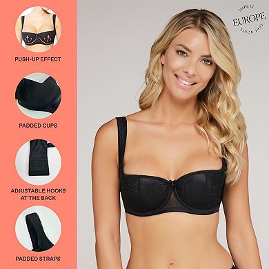 ROSME Women's Lace Balconette Bra with Push-Up Effect, Underwired Demi Cup, Grand Collection