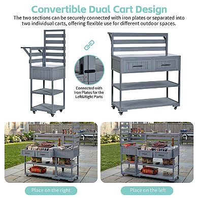 Merax 62.3" Patio Kitchen Island Cart Solid Wood with Stainless Steel Top, BBQ Prep Table