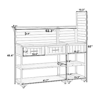 Merax 62.3" Patio Kitchen Island Cart Solid Wood with Stainless Steel Top, BBQ Prep Table