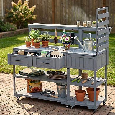 Merax 62.3" Patio Kitchen Island Cart Solid Wood with Stainless Steel Top, BBQ Prep Table
