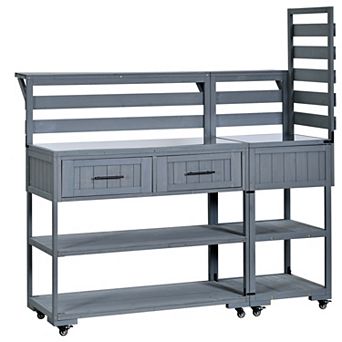 Merax 62.3" Patio Kitchen Island Cart Solid Wood with Stainless Steel Top, BBQ Prep Table