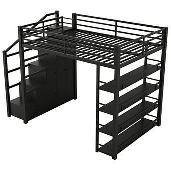 Merax Full Size Metal Loft Bed with Storage Shelves, Cabinets and Wardrobe