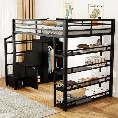 Merax Full Size Metal Loft Bed with Storage Shelves, Cabinets and Wardrobe