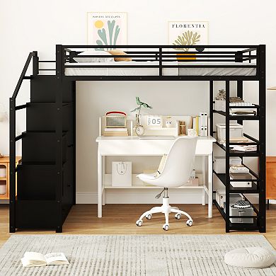 Merax Full Size Metal Loft Bed with Storage Shelves, Cabinets and Wardrobe
