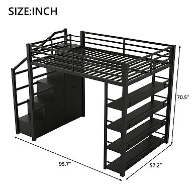Merax Full Size Metal Loft Bed with Storage Shelves, Cabinets and Wardrobe