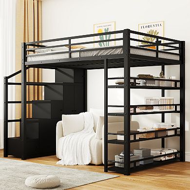 Merax Full Size Metal Loft Bed with Storage Shelves, Cabinets and Wardrobe