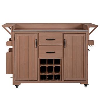 Merax 60.2" Rolling Outdoor Kitchen Island Cart, Stainless Steel Top, Wood Grill Cart