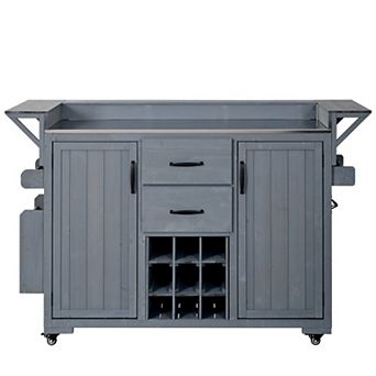 Merax 60.2" Rolling Outdoor Kitchen Island Cart, Stainless Steel Top, Wood Grill Cart