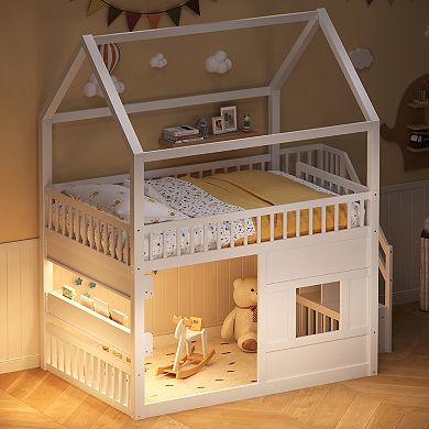 Merax Full size Wooden House Bed with Built-in LED Shelf Light