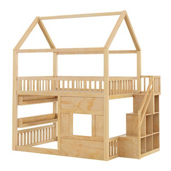 Merax Full size Wooden House Bed with Built-in LED Shelf Light