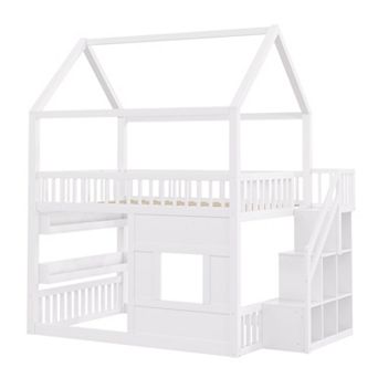 Merax Full size Wooden House Bed with Built-in LED Shelf Light