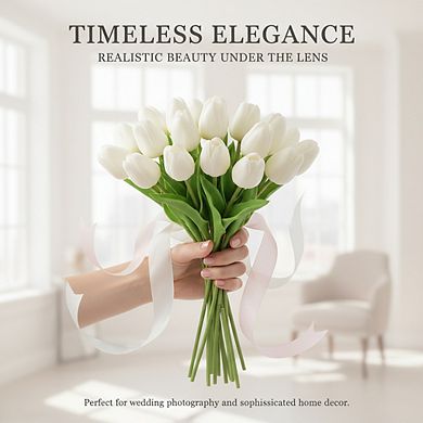 20 Stems White PU Tulips Artificial Valentine Wedding Home Decor 13.5"