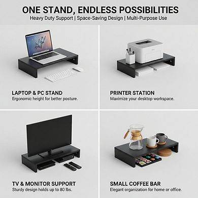 Black Wood Monitor Stand Riser 20", with Storage Organizer for PC, Laptop Printer