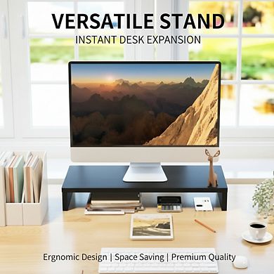 Black Wood Monitor Stand Riser 20", with Storage Organizer for PC, Laptop Printer