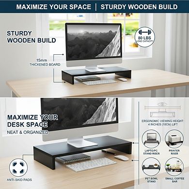 Black Wood Monitor Stand Riser 20", with Storage Organizer for PC, Laptop Printer