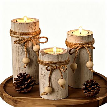 MOEPLSY 3-Pack Farmhouse Wooden Candle Holders, White Table Centerpieces,Operated Flameless