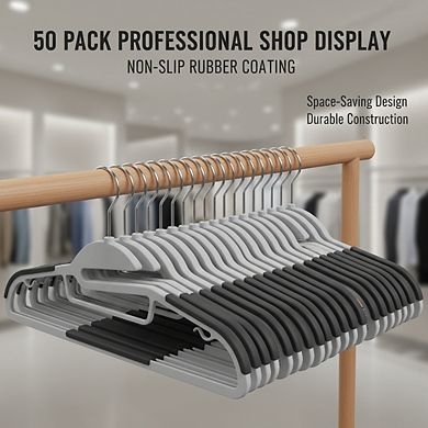 Gray 50-Pack Rubber Coated Hangers, Non-Slip Space-Saving with Swivel Hook