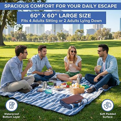 Soft Dual-Layer Waterproof Picnic Blanket 60", Extra Large Foldable for Family Outdoors