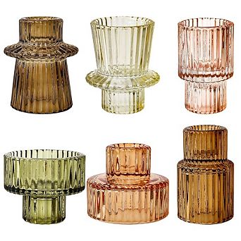 MOEPLSY 6 pc Brown Ribbed Glass Candle Holders, Versatile Tealight & Taper Holder Set