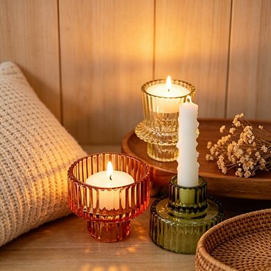 MOEPLSY 6-Piece Brown Ribbed Glass Candle Holders, Versatile Tealight & Taper Holder Set