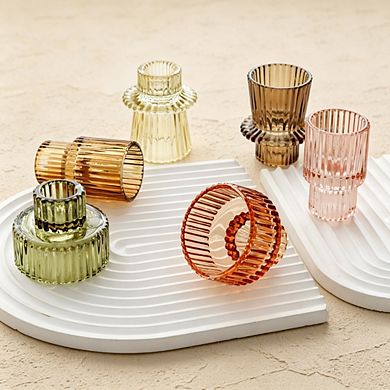 MOEPLSY 6-Piece Brown Ribbed Glass Candle Holders, Versatile Tealight & Taper Holder Set