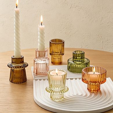 MOEPLSY 6-Piece Brown Ribbed Glass Candle Holders, Versatile Tealight & Taper Holder Set
