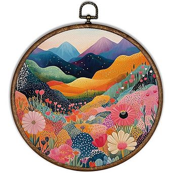 Boho Mountain Wall Art Round Abstract Nature Canvas Framed Decor