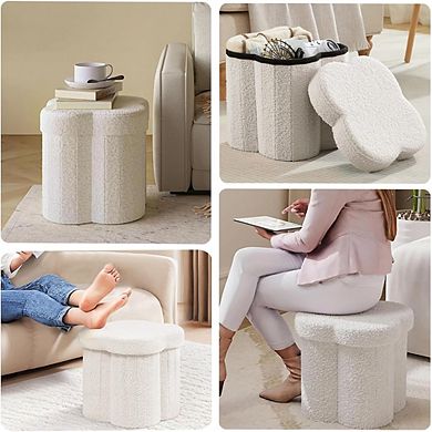Boucle Flower-Shaped Storage Ottoman, Faux Teddy Footstool, Multi-Use
