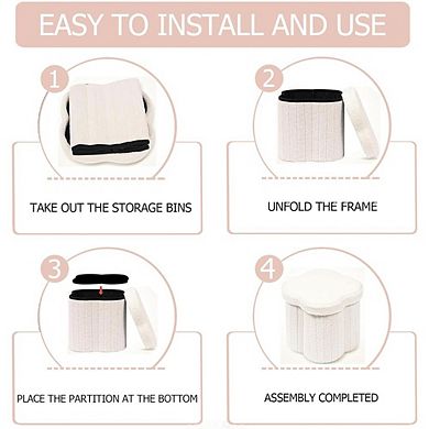 Boucle Flower-Shaped Storage Ottoman, Faux Teddy Footstool, Multi-Use