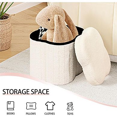 Boucle Flower-Shaped Storage Ottoman, Faux Teddy Footstool, Multi-Use