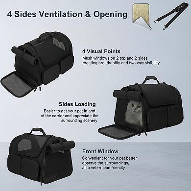 Petsfit Airline Approved Pet Carrier: 4 Mesh Windows, 4 Pockets, Rollable Cover, Under 15 Lb