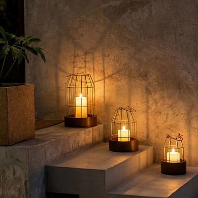 MOEPLSY 3-Piece Rustic Wire Metal Lantern Set, Vintage Cage Candle Holders, Farmhouse Home Decor