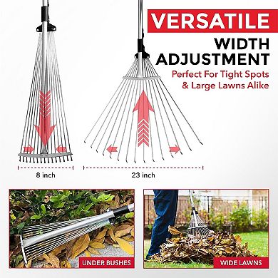 Adjustable Collapsible Metal Rake, Telescopic Garden Tool for Leaves Small Areas