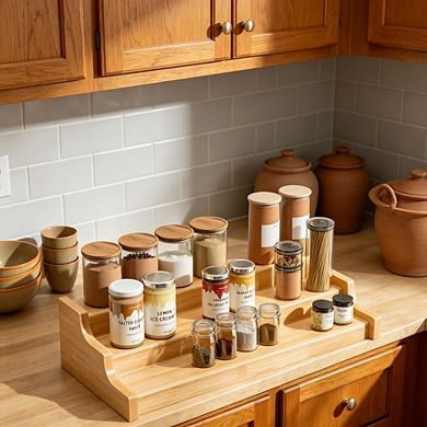 Kitchen Cabinet Spice Organizer, 3-Tier Expandable 100% Bamboo Storage Shelf for Pantry & Cupboard