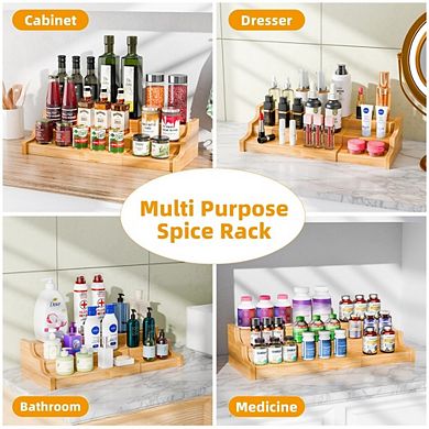 Kitchen Cabinet Spice Organizer, 3-Tier Expandable 100% Bamboo Storage Shelf for Pantry & Cupboard