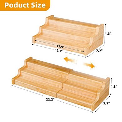 Kitchen Cabinet Spice Organizer, 3-Tier Expandable 100% Bamboo Storage Shelf for Pantry & Cupboard
