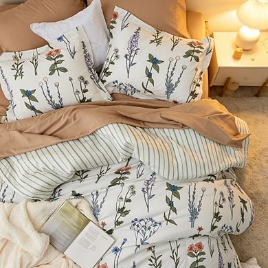 3-Piece Queen Comforter Set, Soft Reversible Coconut White Botanical Floral Bedding